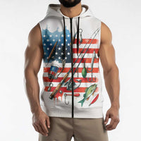 American Flag Fishing Sleeveless Zip Hoodie with Fishing Rods and Lures Watercolor Style Design - Wonder Print Shop