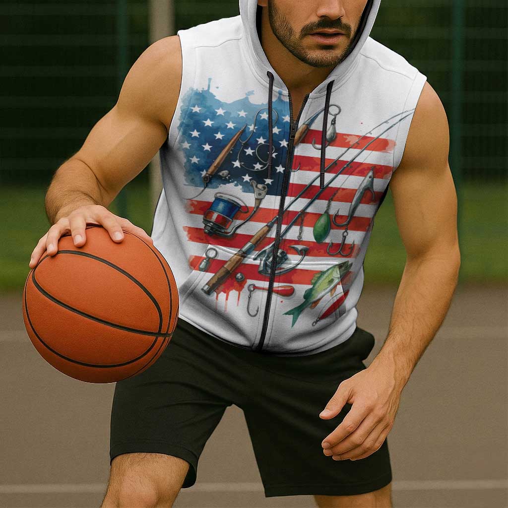 American Flag Fishing Sleeveless Zip Hoodie with Fishing Rods and Lures Watercolor Style Design - Wonder Print Shop