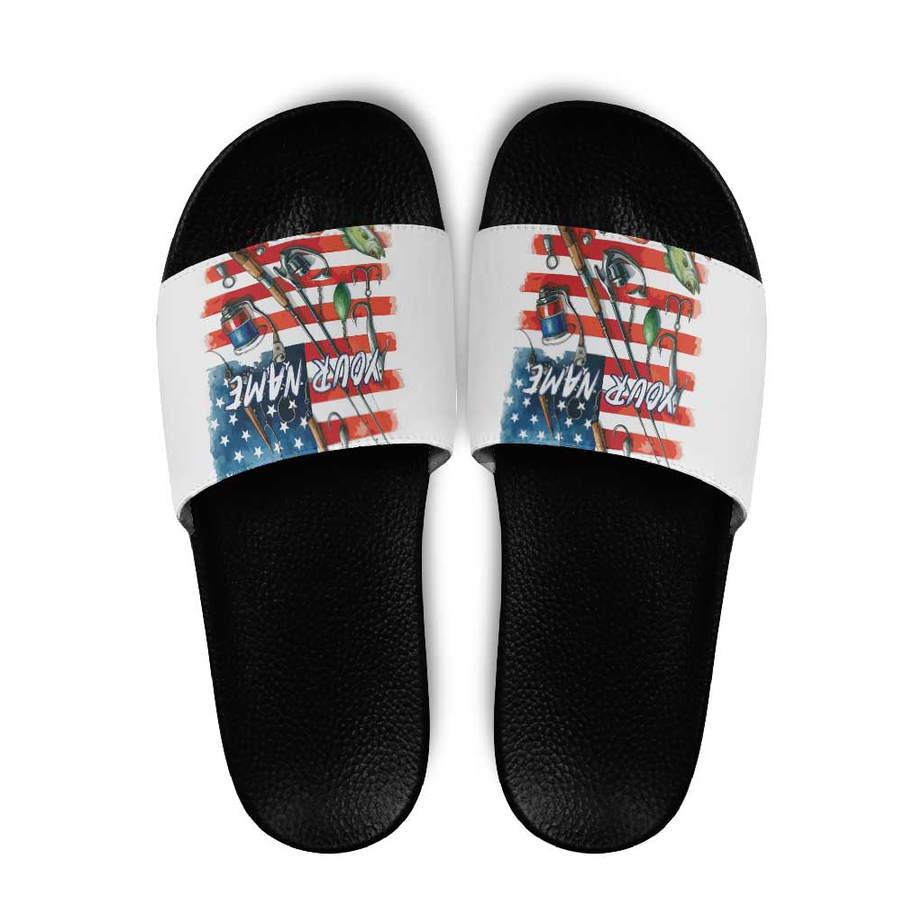 American Flag Fishing Slide Sandals with Fishing Rods and Lures Watercolor Style Design - Wonder Print Shop