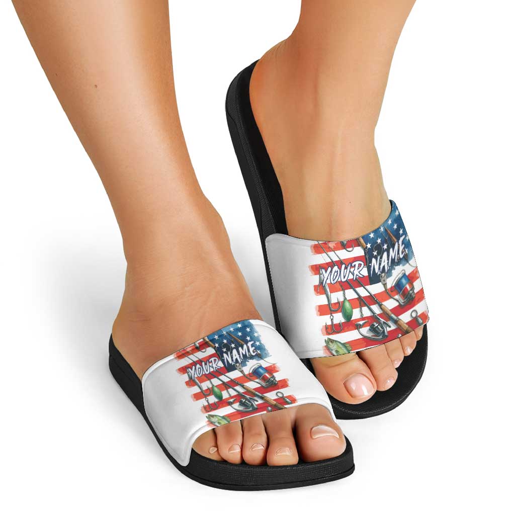 American Flag Fishing Slide Sandals with Fishing Rods and Lures Watercolor Style Design - Wonder Print Shop