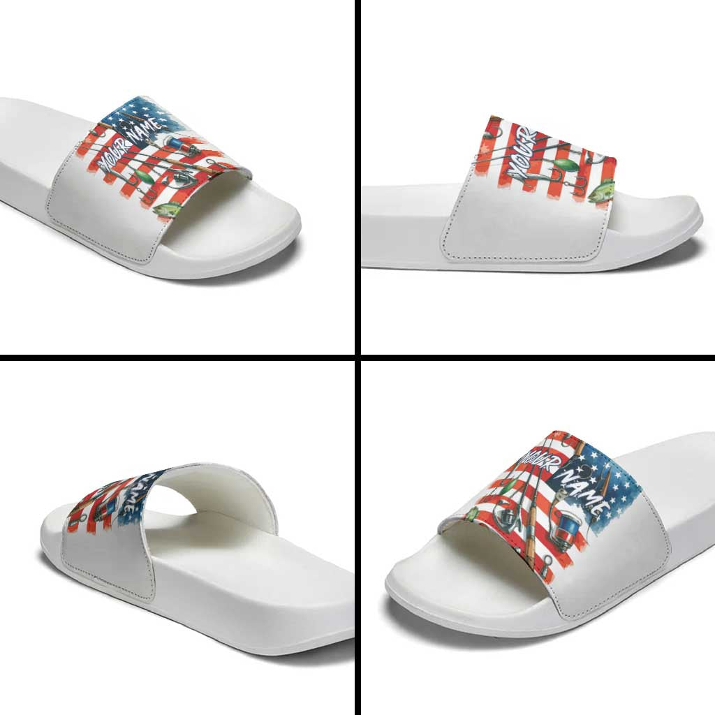 American Flag Fishing Slide Sandals with Fishing Rods and Lures Watercolor Style Design - Wonder Print Shop