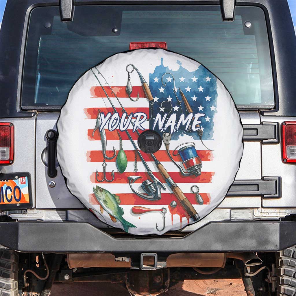 American Flag Fishing Spare Tire Cover with Fishing Rods and Lures Watercolor Style Design - Wonder Print Shop