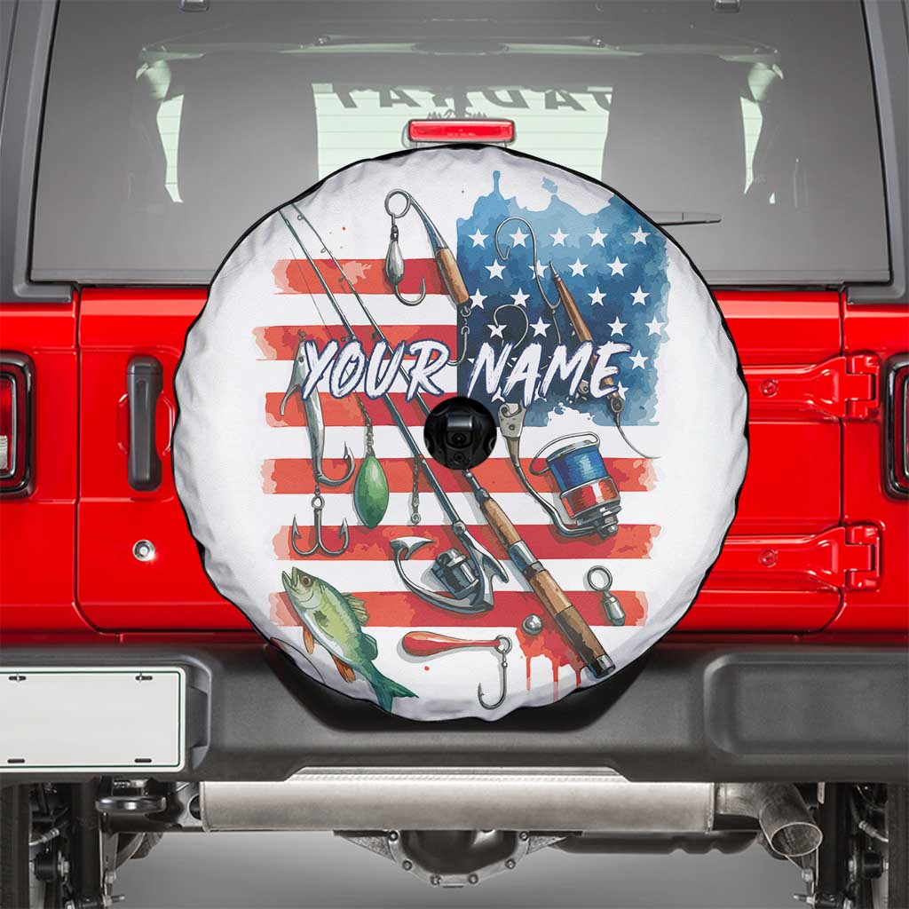 American Flag Fishing Spare Tire Cover with Fishing Rods and Lures Watercolor Style Design - Wonder Print Shop