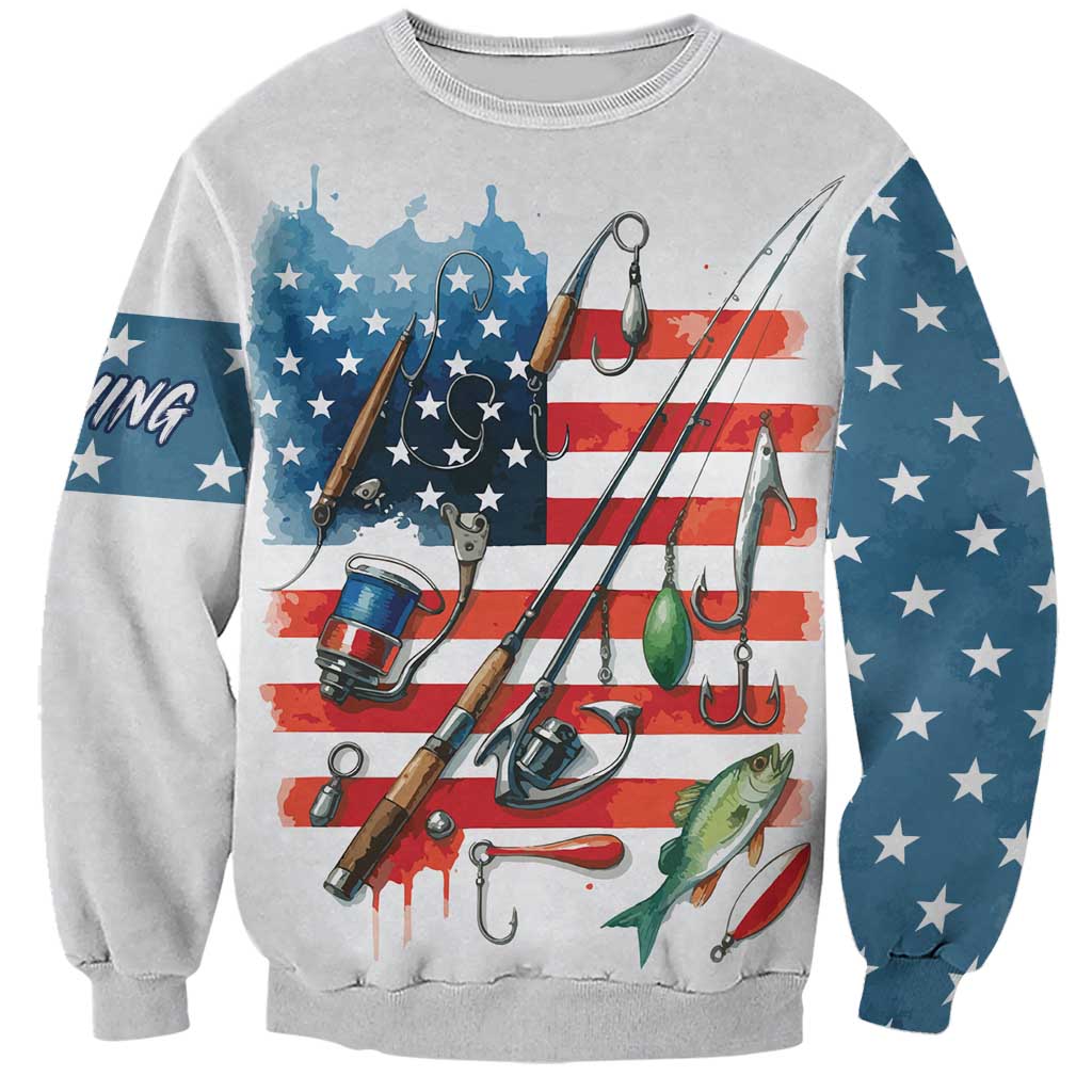 American Flag Fishing Sweatshirt with Fishing Rods and Lures Watercolor Style Design - Wonder Print Shop