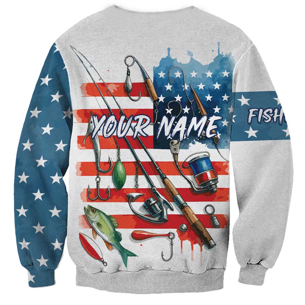 American Flag Fishing Sweatshirt with Fishing Rods and Lures Watercolor Style Design - Wonder Print Shop