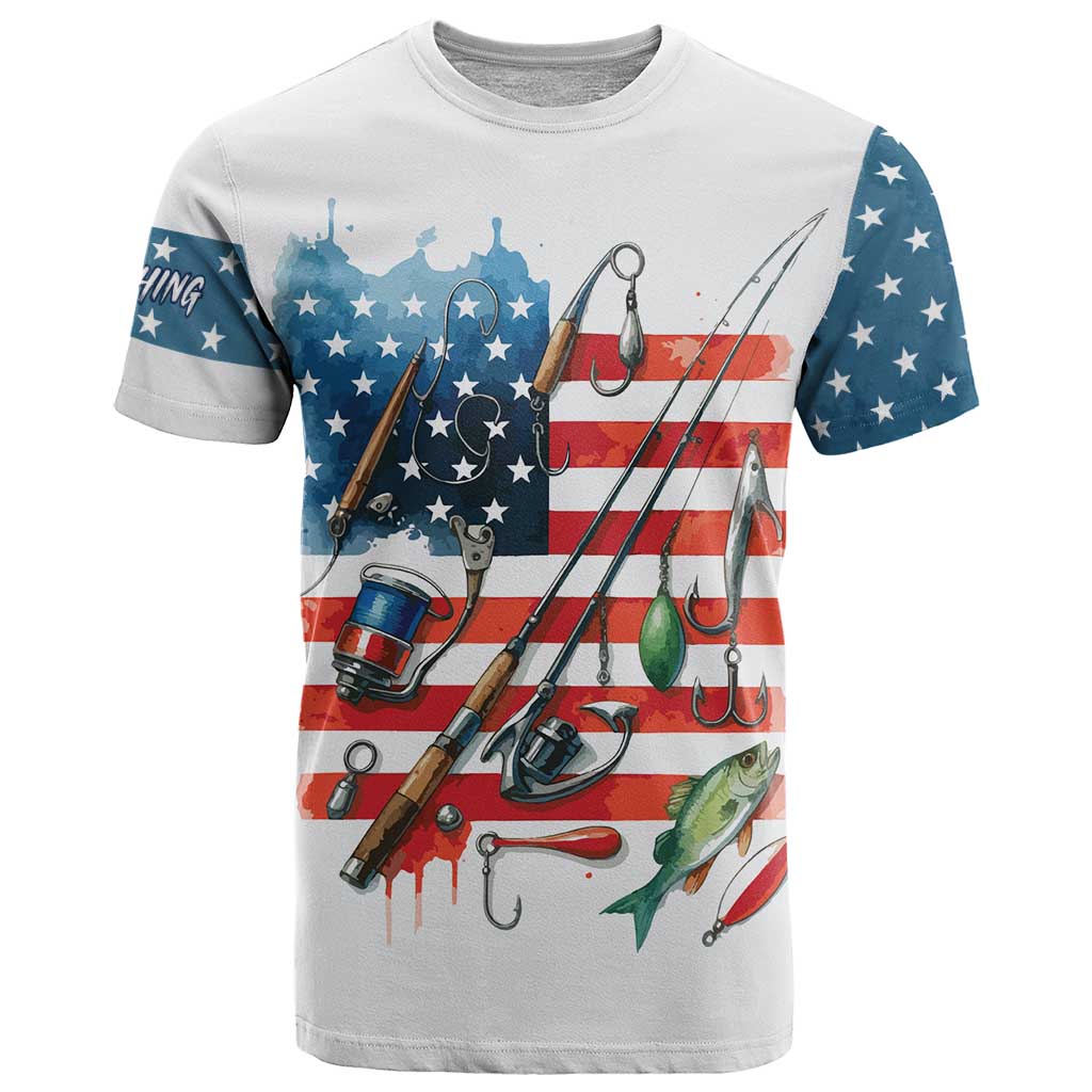 American Flag Fishing T Shirt with Fishing Rods and Lures Watercolor Style Design - Wonder Print Shop