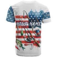 American Flag Fishing T Shirt with Fishing Rods and Lures Watercolor Style Design - Wonder Print Shop