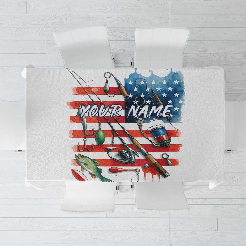 American Flag Fishing Tablecloth with Fishing Rods and Lures Watercolor Style Design - Wonder Print Shop