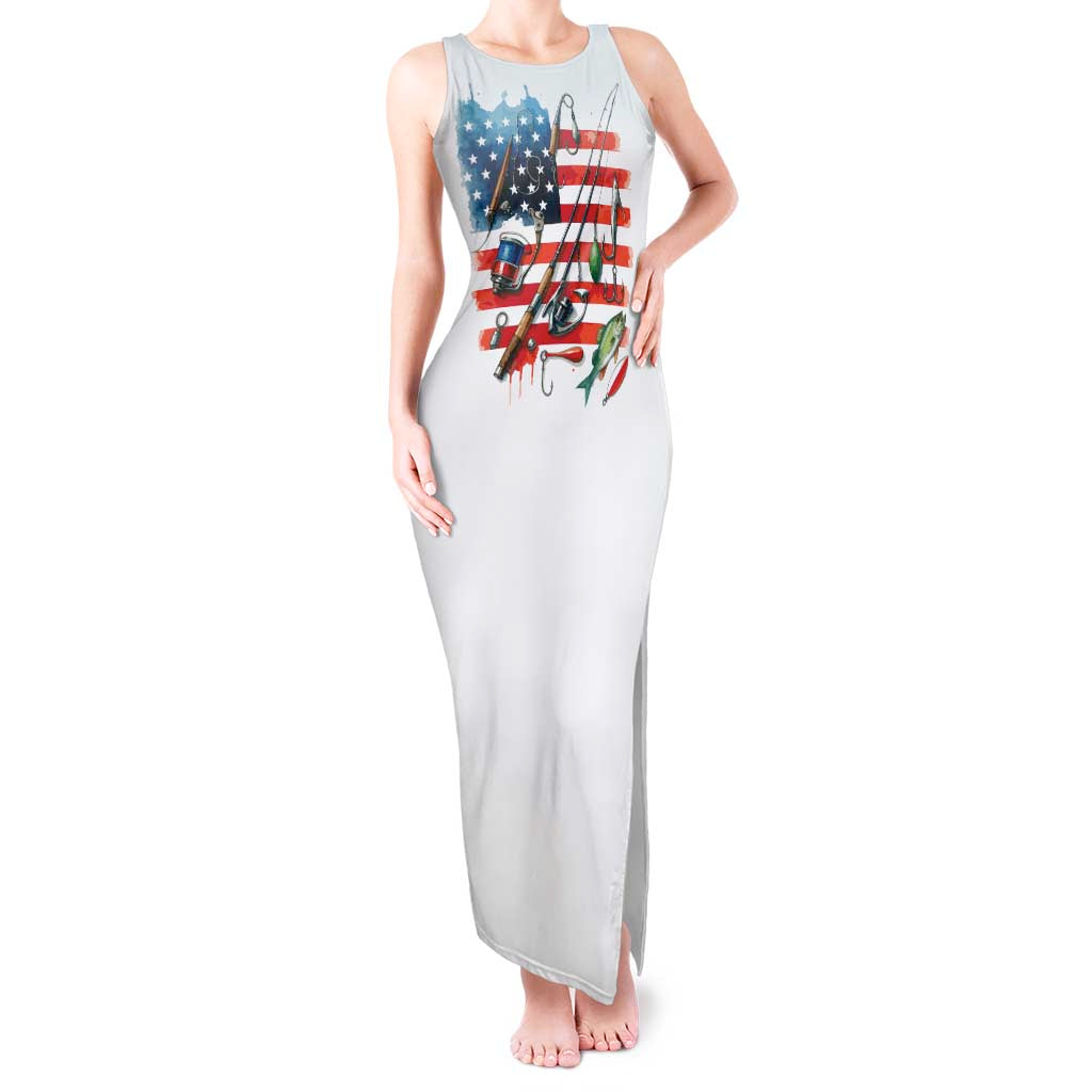American Flag Fishing Tank Maxi Dress with Fishing Rods and Lures Watercolor Style Design - Wonder Print Shop