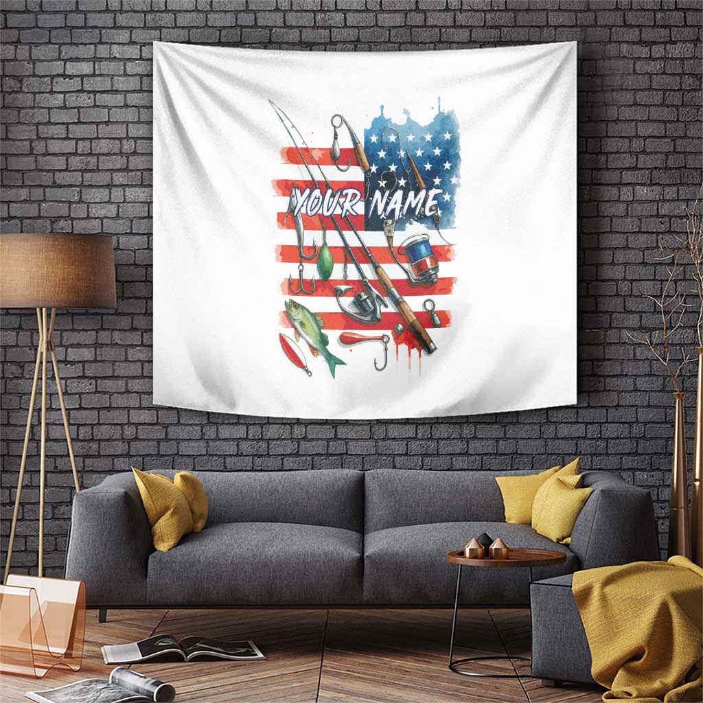 American Flag Fishing Tapestry with Fishing Rods and Lures Watercolor Style Design - Wonder Print Shop
