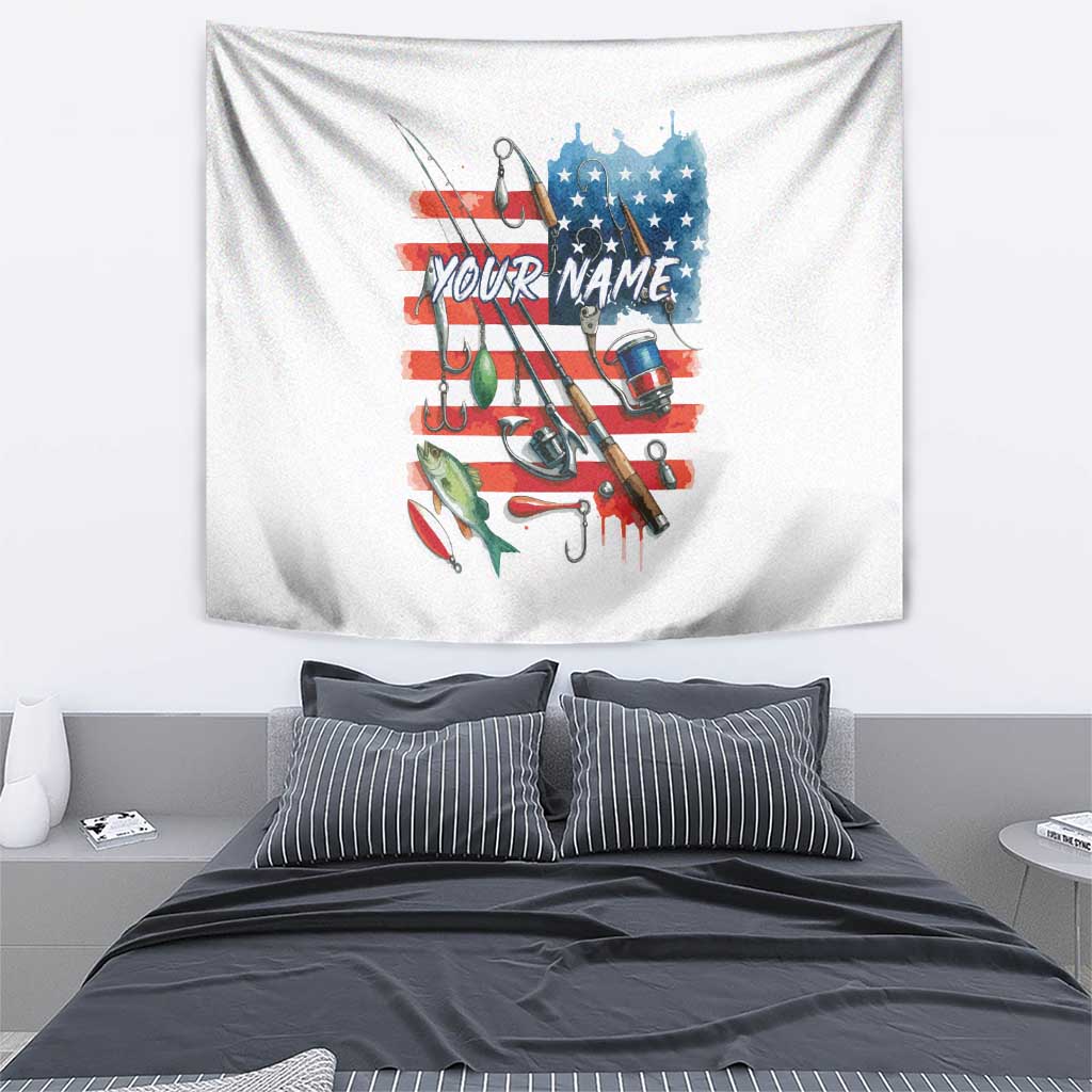 American Flag Fishing Tapestry with Fishing Rods and Lures Watercolor Style Design - Wonder Print Shop