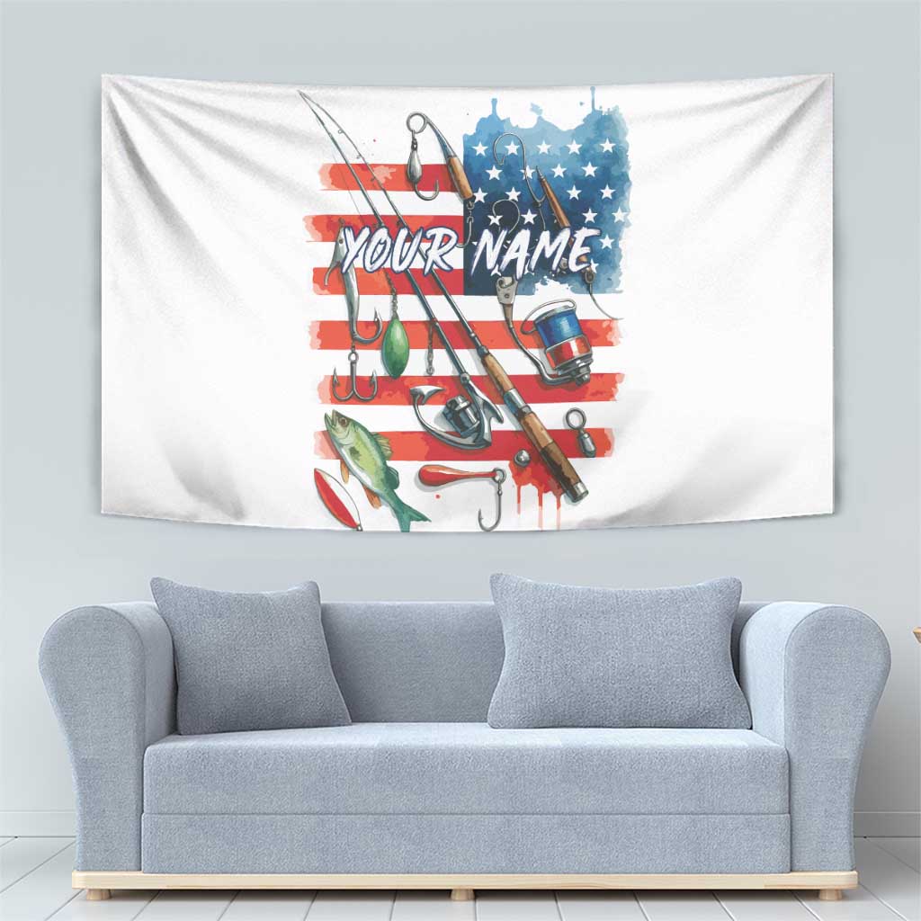 American Flag Fishing Tapestry with Fishing Rods and Lures Watercolor Style Design - Wonder Print Shop