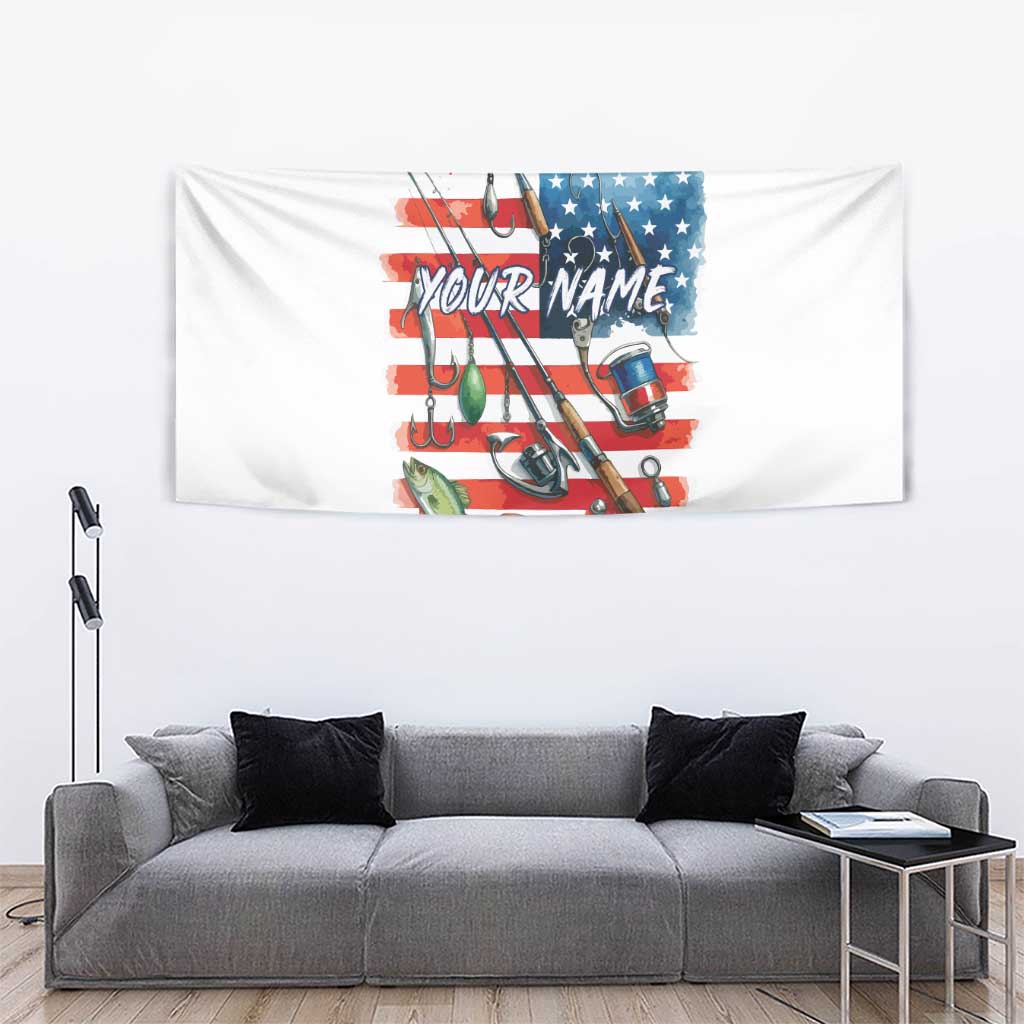 American Flag Fishing Tapestry with Fishing Rods and Lures Watercolor Style Design - Wonder Print Shop