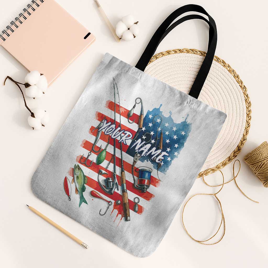 American Flag Fishing Tote Bag with Fishing Rods and Lures Watercolor Style Design - Wonder Print Shop
