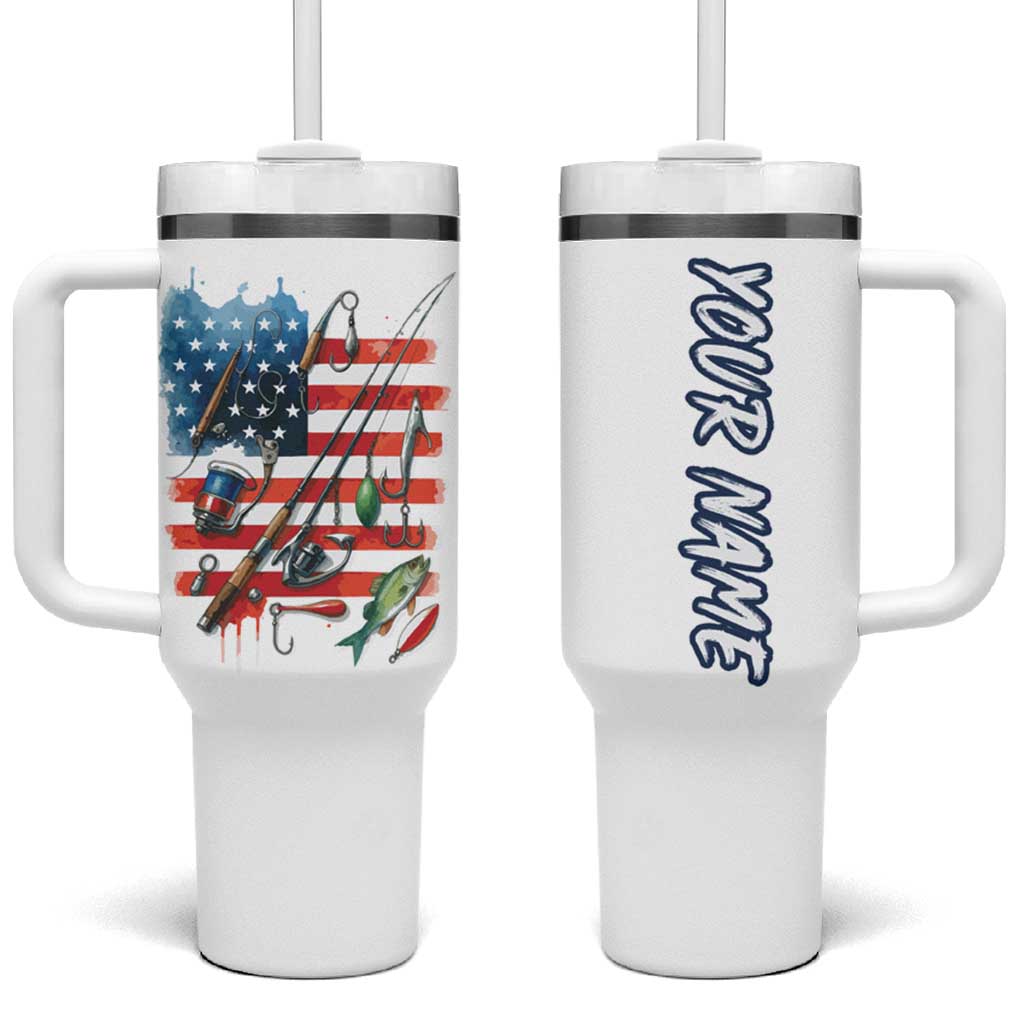 American Flag Fishing Tumbler With Handle with Fishing Rods and Lures Watercolor Style Design - Wonder Print Shop