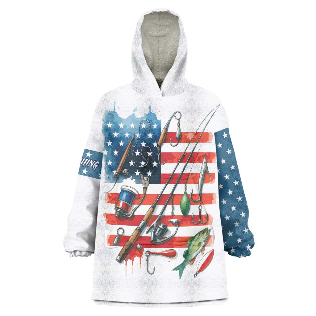 American Flag Fishing Wearable Blanket Hoodie with Fishing Rods and Lures Watercolor Style Design - Wonder Print Shop
