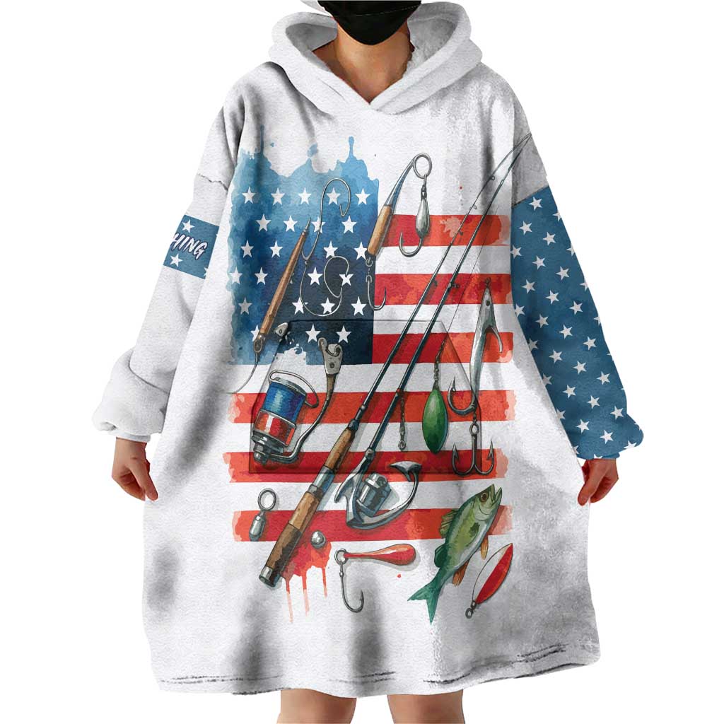 American Flag Fishing Wearable Blanket Hoodie with Fishing Rods and Lures Watercolor Style Design - Wonder Print Shop