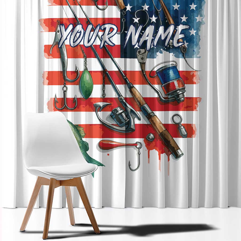 American Flag Fishing Window Curtain with Fishing Rods and Lures Watercolor Style Design - Wonder Print Shop