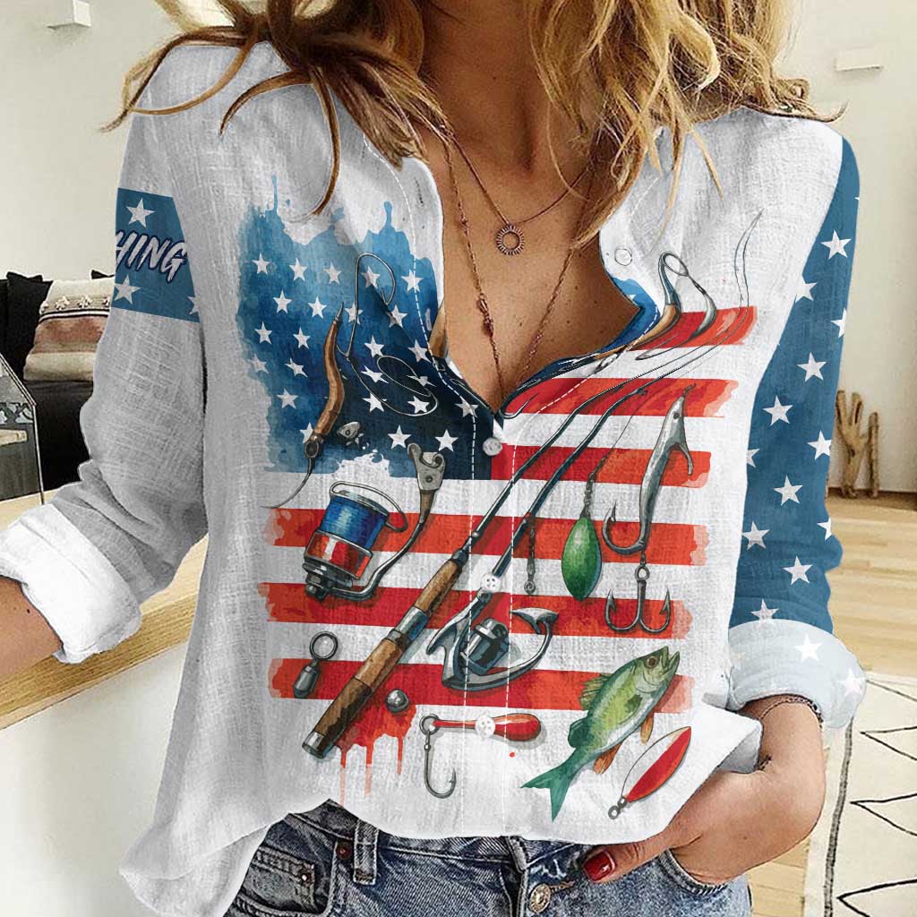 American Flag Fishing Women Casual Shirt with Fishing Rods and Lures Watercolor Style Design - Wonder Print Shop