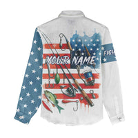 American Flag Fishing Women Casual Shirt with Fishing Rods and Lures Watercolor Style Design - Wonder Print Shop