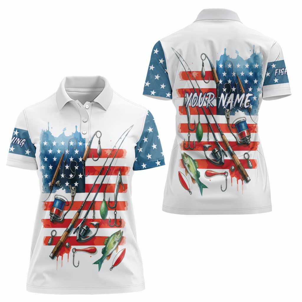 American Flag Fishing Women Polo Shirt with Fishing Rods and Lures Watercolor Style Design - Wonder Print Shop