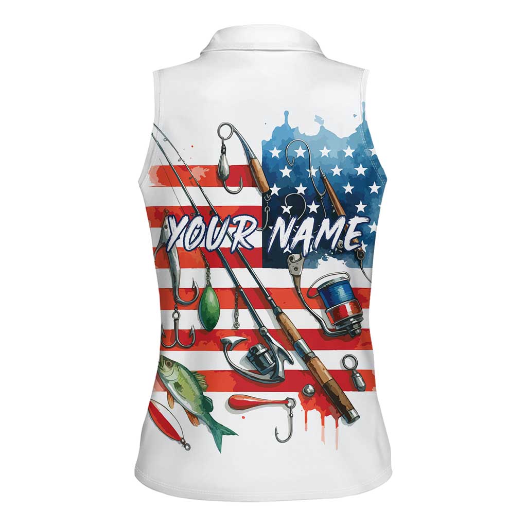 American Flag Fishing Women Sleeveless Polo Shirt with Fishing Rods and Lures Watercolor Style Design - Wonder Print Shop