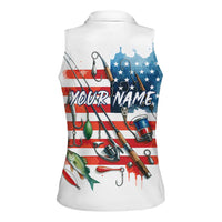 American Flag Fishing Women Sleeveless Polo Shirt with Fishing Rods and Lures Watercolor Style Design - Wonder Print Shop