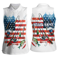 American Flag Fishing Women Sleeveless Polo Shirt with Fishing Rods and Lures Watercolor Style Design - Wonder Print Shop