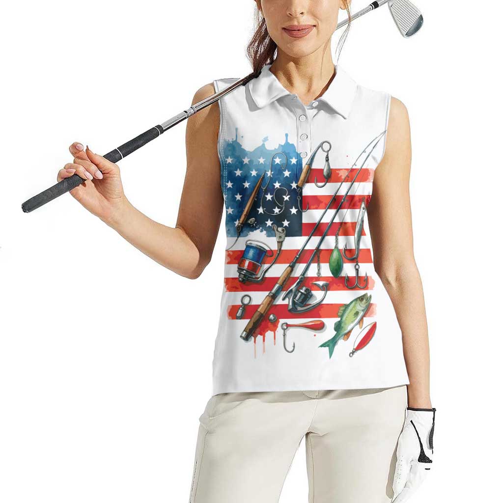 American Flag Fishing Women Sleeveless Polo Shirt with Fishing Rods and Lures Watercolor Style Design - Wonder Print Shop