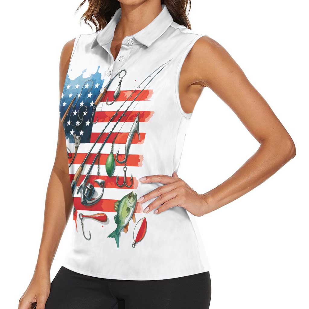 American Flag Fishing Women Sleeveless Polo Shirt with Fishing Rods and Lures Watercolor Style Design - Wonder Print Shop