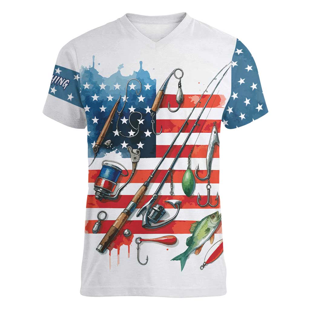 American Flag Fishing Women V-Neck T-Shirt with Fishing Rods and Lures Watercolor Style Design - Wonder Print Shop