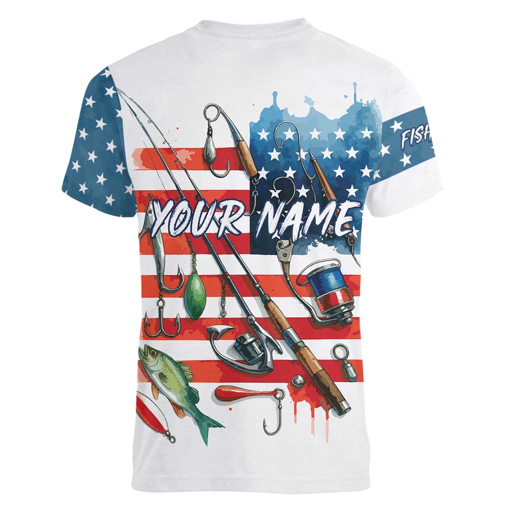 American Flag Fishing Women V-Neck T-Shirt with Fishing Rods and Lures Watercolor Style Design - Wonder Print Shop