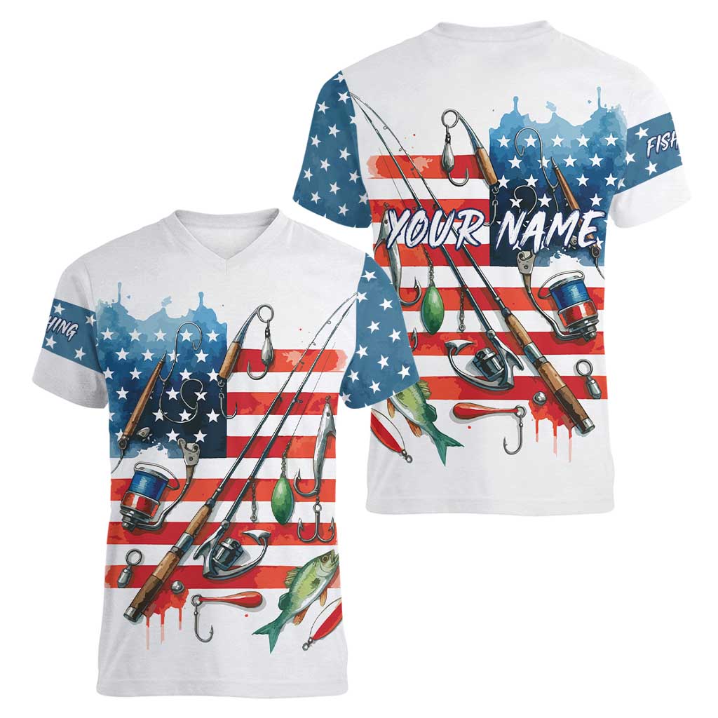 American Flag Fishing Women V-Neck T-Shirt with Fishing Rods and Lures Watercolor Style Design - Wonder Print Shop
