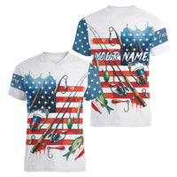 American Flag Fishing Women V-Neck T-Shirt with Fishing Rods and Lures Watercolor Style Design - Wonder Print Shop