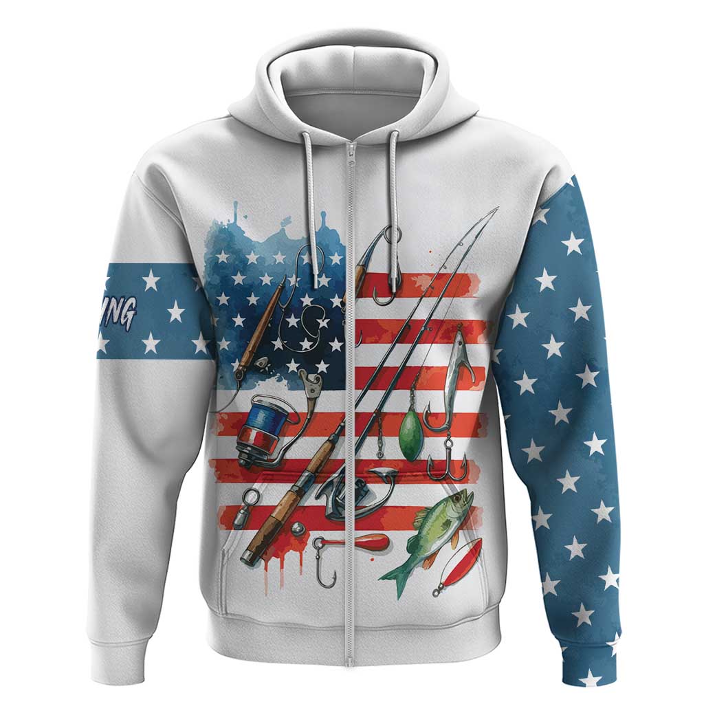 American Flag Fishing Zip Hoodie with Fishing Rods and Lures Watercolor Style Design - Wonder Print Shop