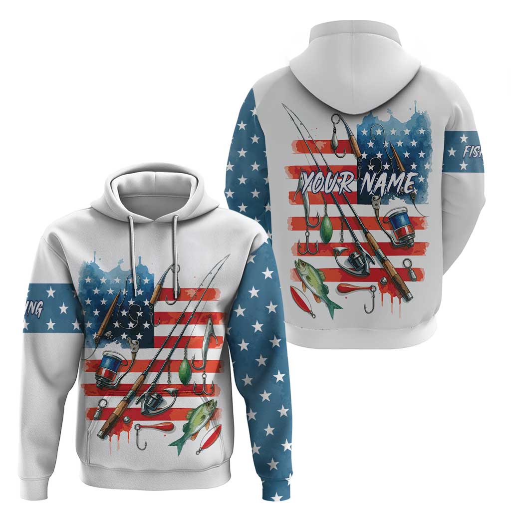 American Flag Fishing Zip Hoodie with Fishing Rods and Lures Watercolor Style Design - Wonder Print Shop