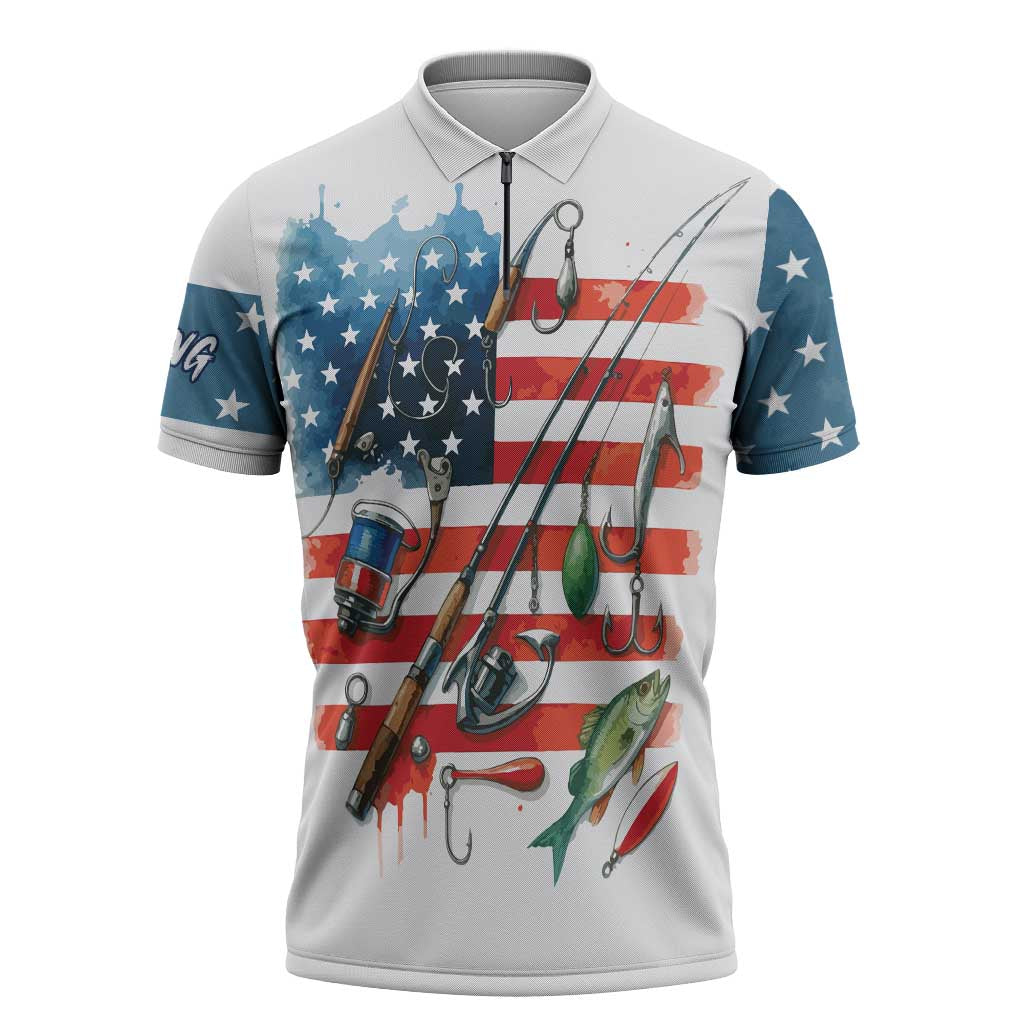 American Flag Fishing Zipper Polo Shirt with Fishing Rods and Lures Watercolor Style Design - Wonder Print Shop