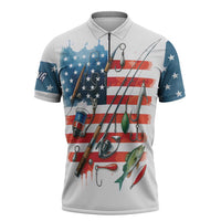 American Flag Fishing Zipper Polo Shirt with Fishing Rods and Lures Watercolor Style Design - Wonder Print Shop