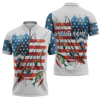 American Flag Fishing Zipper Polo Shirt with Fishing Rods and Lures Watercolor Style Design - Wonder Print Shop