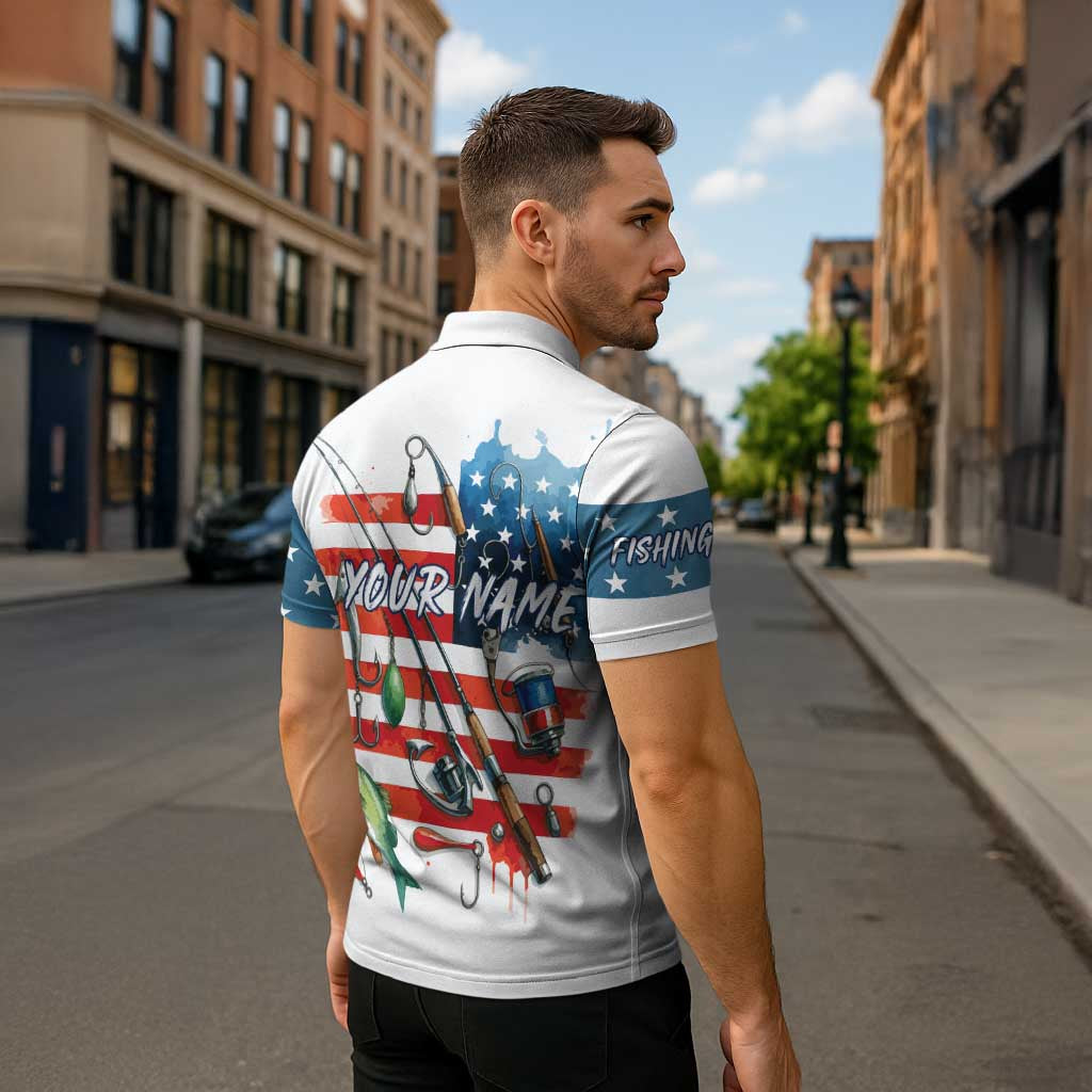 American Flag Fishing Zipper Polo Shirt with Fishing Rods and Lures Watercolor Style Design - Wonder Print Shop