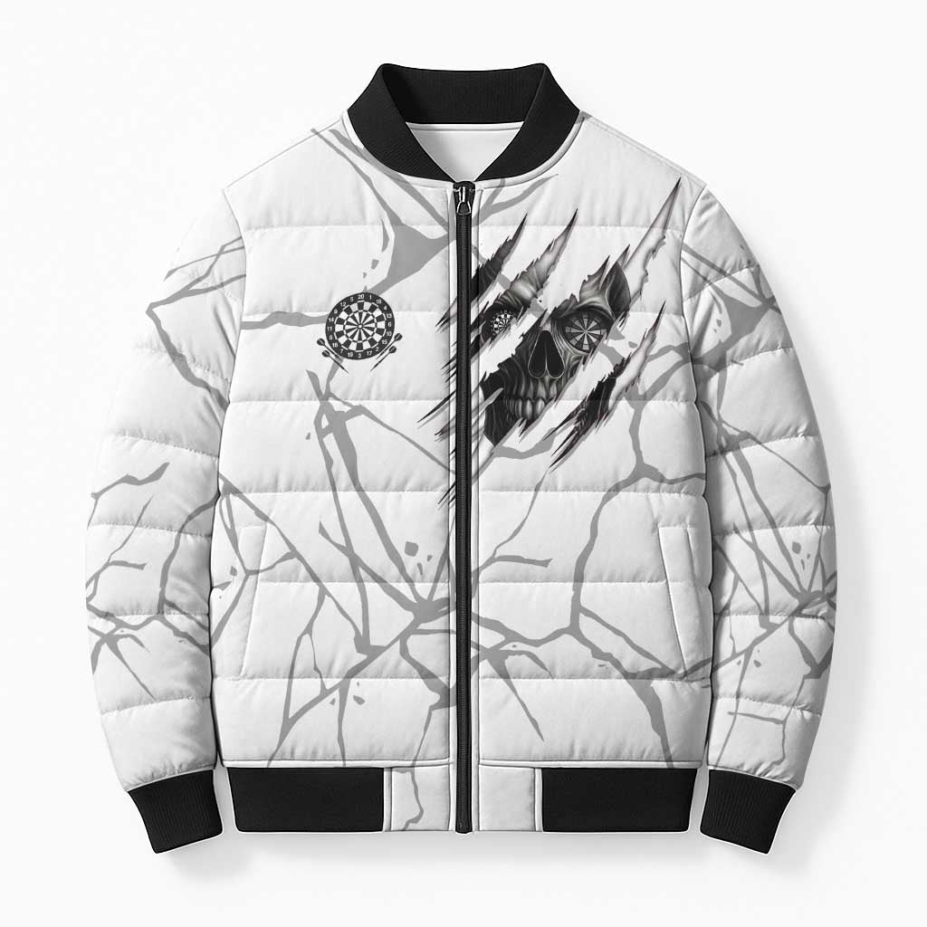 Dartboard Skull Darts Bomber Puffer Jacket with Torn Stone Texture and Cracked Marble Design - Wonder Print Shop
