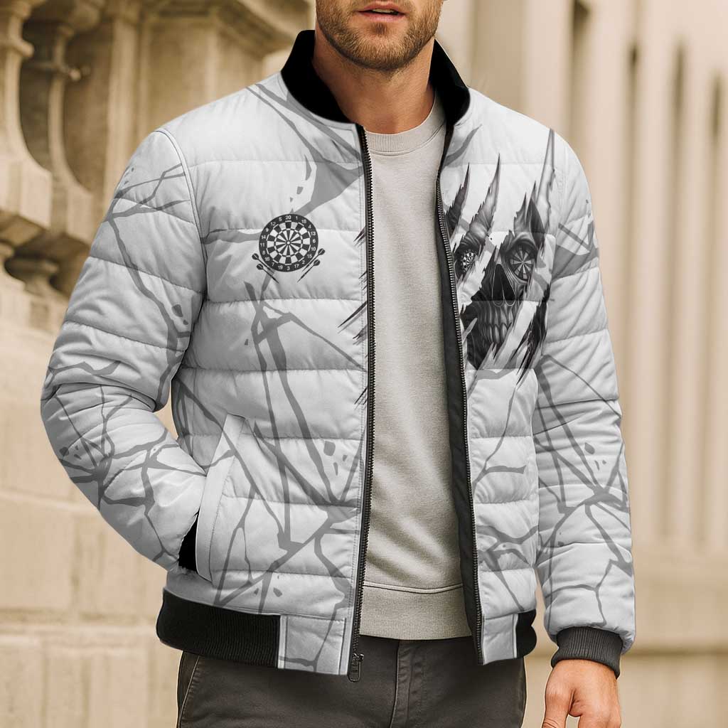 Dartboard Skull Darts Bomber Puffer Jacket with Torn Stone Texture and Cracked Marble Design - Wonder Print Shop