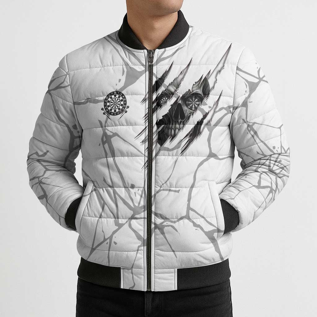 Dartboard Skull Darts Bomber Puffer Jacket with Torn Stone Texture and Cracked Marble Design - Wonder Print Shop