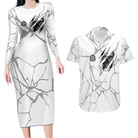 Dartboard Skull Darts Couples Matching Long Sleeve Bodycon Dress and Hawaiian Shirt with Torn Stone Texture and Cracked Marble Design - Wonder Print Shop