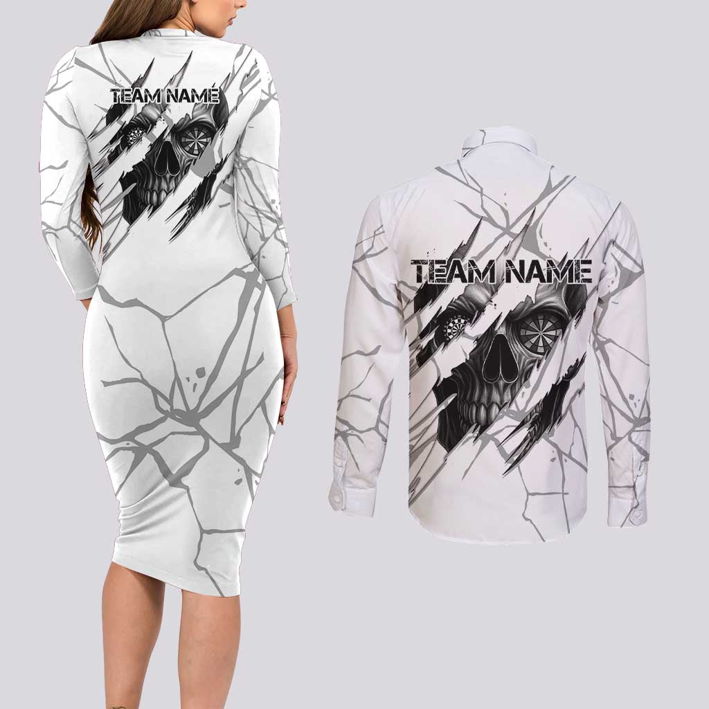 Dartboard Skull Darts Couples Matching Long Sleeve Bodycon Dress and Long Sleeve Button Shirt with Torn Stone Texture and Cracked Marble Design - Wonder Print Shop