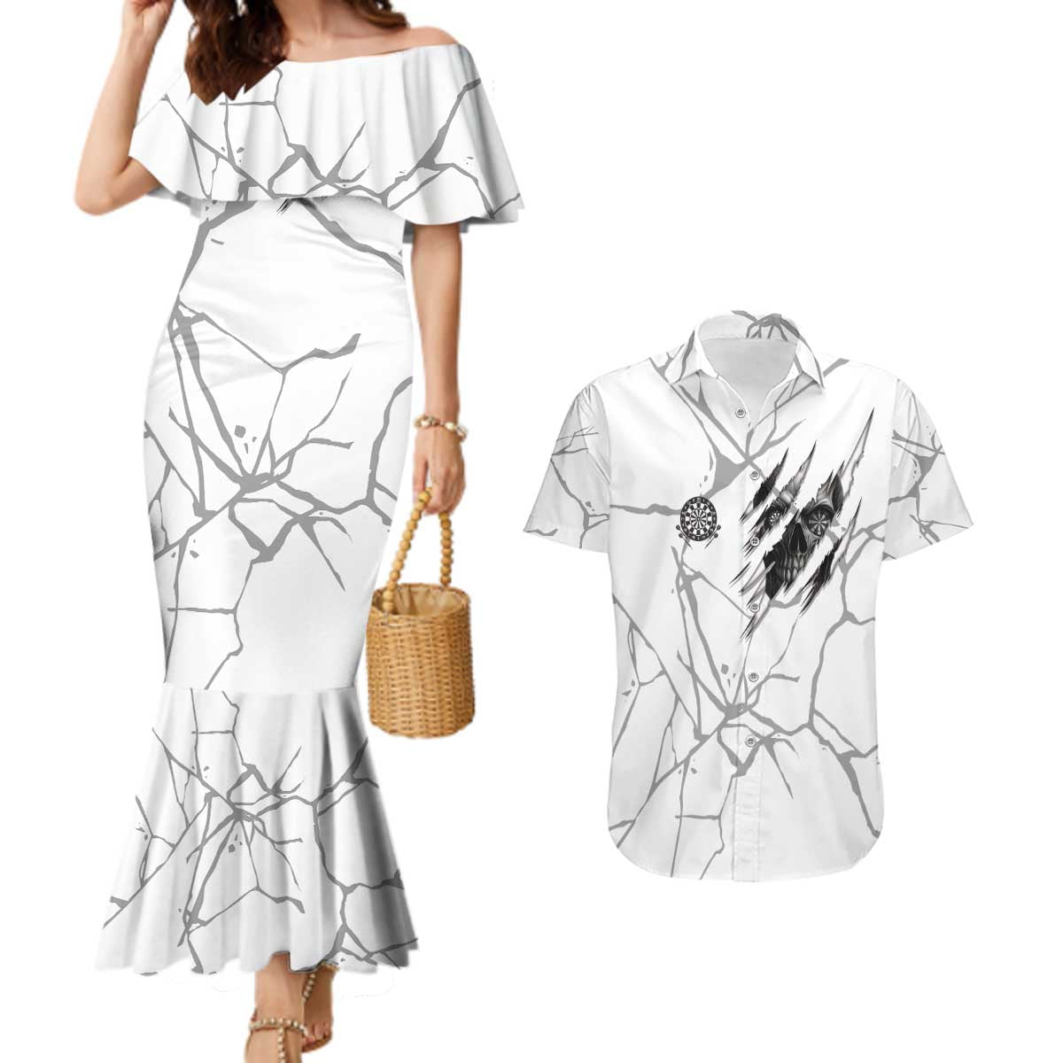 Dartboard Skull Darts Couples Matching Mermaid Dress and Hawaiian Shirt with Torn Stone Texture and Cracked Marble Design - Wonder Print Shop