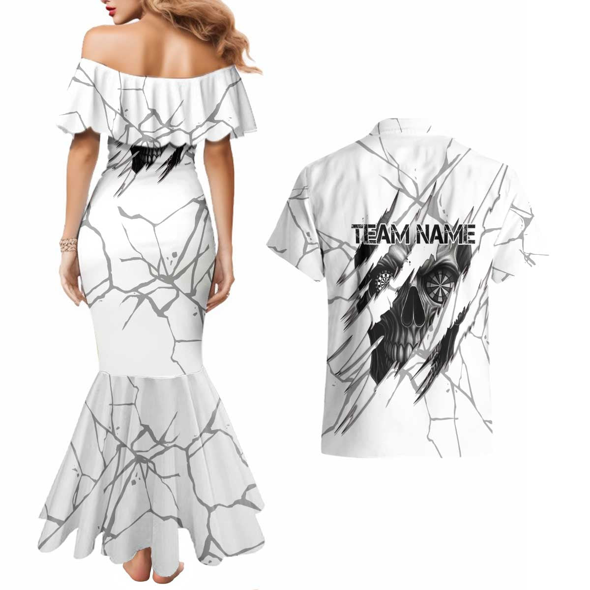 Dartboard Skull Darts Couples Matching Mermaid Dress and Hawaiian Shirt with Torn Stone Texture and Cracked Marble Design - Wonder Print Shop
