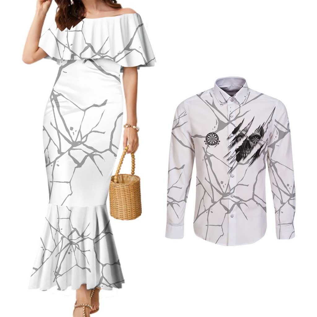 Dartboard Skull Darts Couples Matching Mermaid Dress and Long Sleeve Button Shirt with Torn Stone Texture and Cracked Marble Design - Wonder Print Shop