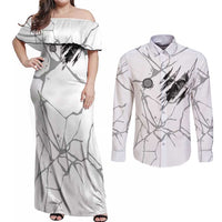 Dartboard Skull Darts Couples Matching Off Shoulder Maxi Dress and Long Sleeve Button Shirt with Torn Stone Texture and Cracked Marble Design - Wonder Print Shop