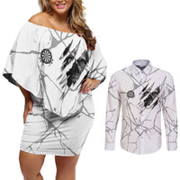 Dartboard Skull Darts Couples Matching Off Shoulder Short Dress and Long Sleeve Button Shirt with Torn Stone Texture and Cracked Marble Design - Wonder Print Shop